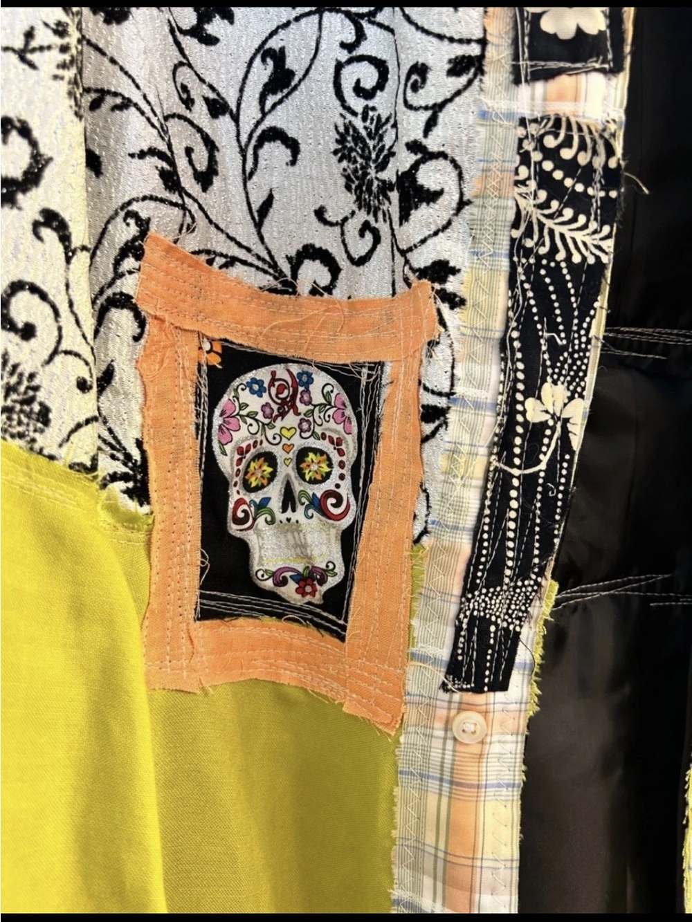 Upcycled One-Of-A-Kind Chartreuse, White & Black Floral Patch Jacket - Picture 2 of 3